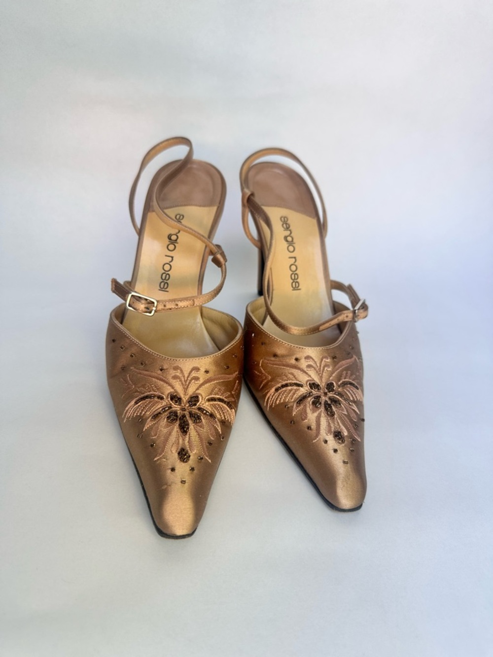 Sergio Rossi Bronze Embroidered Pointed-Toe Slingback Heels